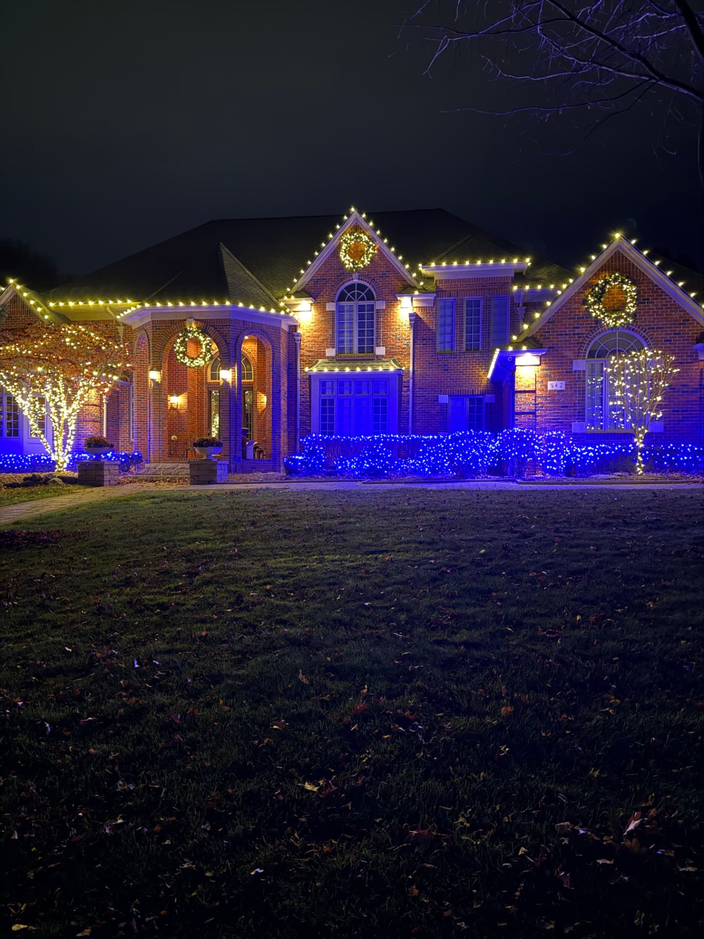 Estate outlined in warm white roof lighting with blue-lit landscape beds